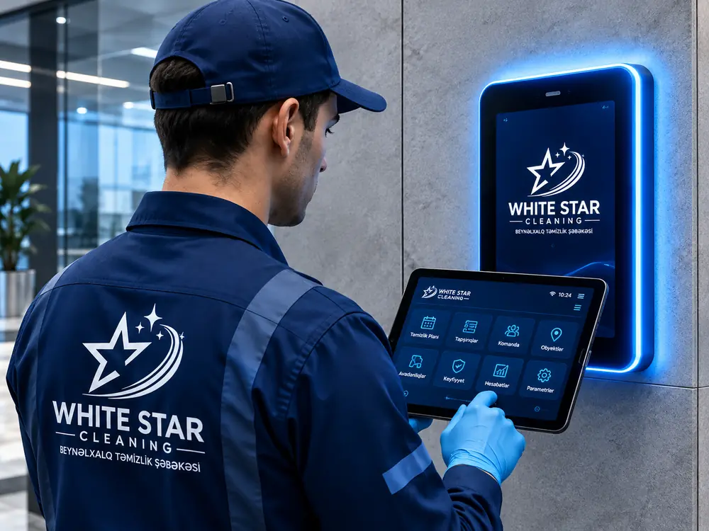 White Star Cleaning staff member with a tablet and a glowing smart terminal